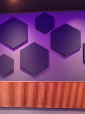 Akoestische panelen hexagon als wand paneel in een Congreszaal